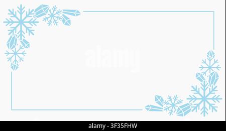 Klares und minimalistisches Winterbild mit hellblauen Schneeflocken und Eiskristallen, die in gegenüberliegenden Ecken eines dünnen rechteckigen Rahmens angeordnet sind. Stock Vektor