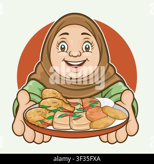 Cartoon einer glücklichen Frau mit Hijab, die einen Teller mit indonesischen Knödeln, Tofu, gebratenen Snacks und Chili hält, perfekt für asiatisches Straßenessen, kulturelle Kuis Stock Vektor