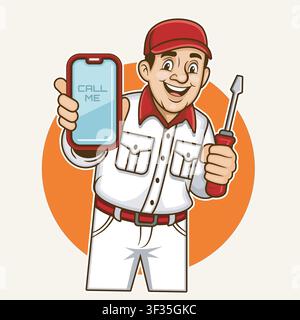 Cartoonfigur eines männlichen Technikers in einem Arbeitsanzug, der ein Smartphone und einen Schraubenzieher hält, perfekt für Reparaturdienst-Markenbildung, Maskottchen-Design Stock Vektor