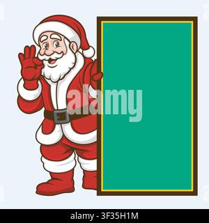 Cartoon-Weihnachtsmann in rotem Kostüm, der mit einer Hand ein leeres Brett hält und mit der anderen Hand das OK-Zeichen zeigt. Lustig und festlich Weihnachten Stock Vektor