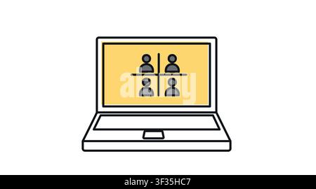Laptop-Video-Konferenz-Symbol: tragbarer Notebook-Computer, der ein Online-Meeting und einen virtuellen Anruf mit 4 Benutzern auf dem Bildschirm anzeigt, modern versetzt Stock Vektor