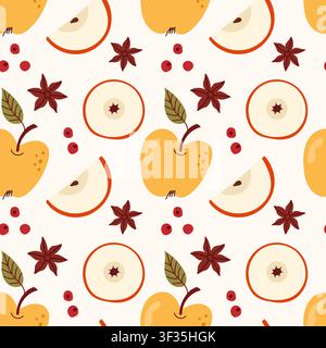 Warmes Herbst-Muster ohne Naht mit gelben Äpfeln, roten Apfelscheiben, Sternanis-Gewürzen und kleinen roten Beeren auf einem cremefarbenen Hintergrund. Stock Vektor