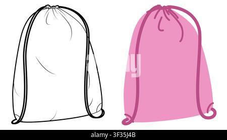 Kordelzug Tasche Rucksack Silhouette Tasche. Mode Accessoire technische Illustration. Vektor-Umhängetasche vorne 3-4 Ansicht für Männer, Frauen, Unisex-Stil, flache Handtasche CAD Modell Skizze Umriss isoliert Stock Vektor