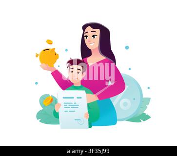 Mutter und Sohn verwalten das Familienbudget mit Sparschwein und Finanzdokument-Vektorillustration. Finanzwissen für Kinder, Sparen und Versicherung Stock Vektor