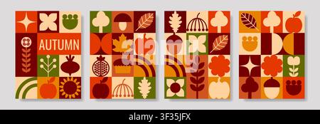 Satz von vier Herbst-Vektor-Postern in einem stilvollen geometrischen Rasterstil mit stilisierten Herbstblättern, Kürbissen, Eicheln, Äpfeln und Pilzen. Stock Vektor