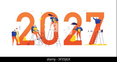 Illustrationen des neuen 2027. Treffen des neuen Jahres. Vektor. Geschäftsmenschen erreichen ihre Ziele und machen Karriere. Suche nach Ideen. Aufgaben lösen an Stock Vektor