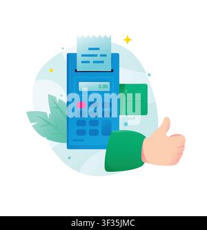 Flache Vektorillustration eines blauen POS-Terminals mit einem Beleg und einer grünen Kreditkarte. Eine Hand zeigt einen Daumen nach oben, was erfolgreichen und sicheren Digitalhandel symbolisiert Stock Vektor
