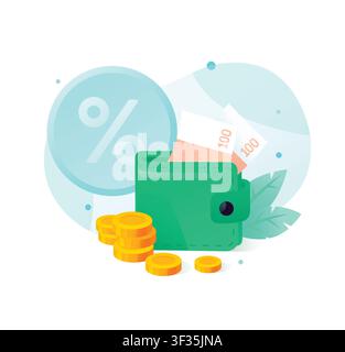 Flache Vektorillustration eines grünen Geldbeutels gefüllt mit Bargeldnoten neben Goldmünzen und einem Prozentzeichen. Konzept von Cashback, Zinssatz, Finan Stock Vektor