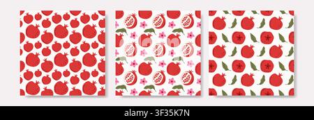 Satz von drei nahtlosen Vektormustern mit ganzen roten Granatäpfeln, halben Scheiben mit Kernen, rosa Blumen und grünen Blättern auf weißem Hintergrund. Stock Vektor
