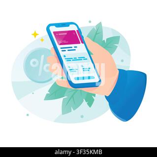 Hand, die ein Smartphone mit einer mobilen Bank-App und einer Kreditkarten-Vektorillustration hält. Bezahlungen ohne Bargeld, Online-Einkaufsrabatt und digitale Transaktionen Stock Vektor