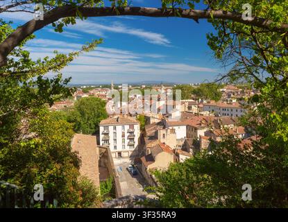 Blick auf das historische Zentrum von Avignon vom Rocher des Doms mit Blick auf Dächer und traditionelle Architektur in der Provence, Frankreich. Stockfoto