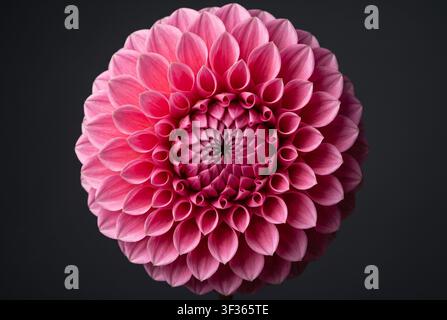 Eine detaillierte Ansicht von oben einer rosa Dahlienblüte. Das Bild betont die kunstvolle, geometrische Anordnung der Blütenblätter und den lebendigen Farbkontrast a Stockfoto