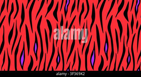 Trendiges rotes Tigerstreifen-Muster ohne Naht. Wiederholter lebendiger Zebra-Hintergrund. Wiederholte Tierhautoberfläche für Textildesign, Modedruck. Helle, kräftige Safari-Thema-Tapete. Vektor-Hintergrund Stock Vektor
