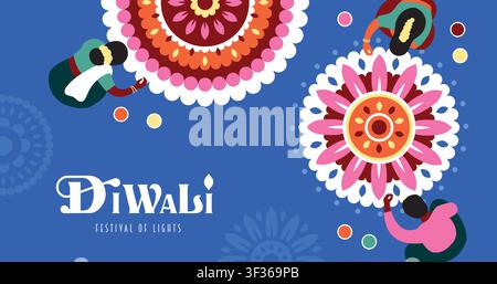 Fröhliche Diwali-Glückwunschkarte, Poster, Flyer, Cover, Vektorillustration mit 3 Indern, die ein farbenfrohes Rangoli-Design im geometrischen flachen modernen Stil erstellen. Stock Vektor