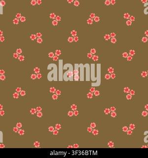 Kleine rote Blumen Ditsy-Muster nahtlos auf khakifarbenem Hintergrund. Handgezeichnete Aquarell-Margarita Punzo mit lebendiger Blüte. Sommerdesign für Stoff oder Tapete. Botanische Wiederholungs-Textildekoration. Stockfoto