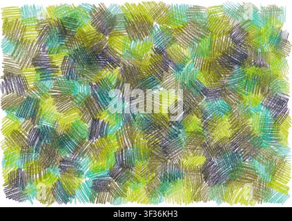 Handgezeichnete Textur, erstellt mit Farbstiften. Chaotische Striche in verschiedenen Richtungen. Braun, Lila, verschiedene Grüntöne. Ideal für Designs, Papierbasteln, Scrapbooking oder digitale Projekte. Stockfoto