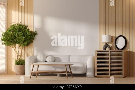 3D-Rendering eines modernen minimalistischen Wohnzimmereinrichtungsinterieurs mit weißem Sofa und Holzpaneelen Stockfoto