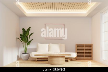3D-Rendering eines modernen minimalistischen Wohnzimmereinrichtungsinterieurs mit Sofa und leerem Posterrahmen Stockfoto