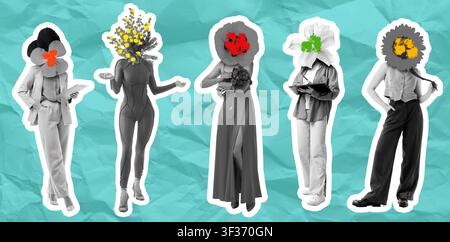 Verschiedene Gruppe von Frauen mit Blumenköpfen, Individualität und einzigartigen Persönlichkeiten auf einem zerknitterten blauen Hintergrund, Vielfalt Stockfoto