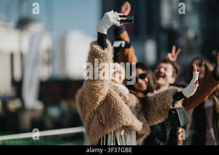 Freunde machen ein fröhliches Winter-Selfie in der Stadt, während sie Mäntel und Handschuhe tragen Stockfoto