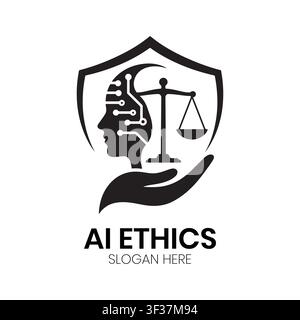 AI-Ethik-Logo zeigt ein Sicherheitsschild mit einem integrierten digitalen Waage- und Gehirnsymbol für sichere Technologie Stock Vektor