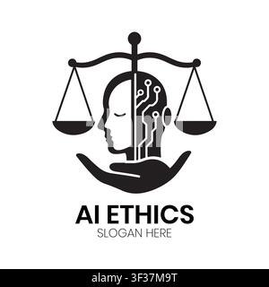 AI-Ethik-Logo-Layout mit einem stilisierten menschlichen Profil, kombiniert mit digitalen Intelligenznetzen und Waagen für die Corporate-Governance-Branding. Stock Vektor
