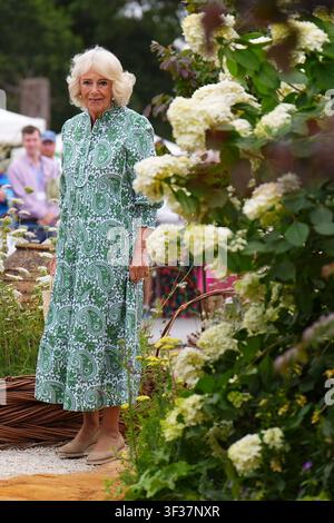 Königin Camilla auf der RHS Sandringham Flower Show, die in diesem Jahr zum ersten Mal auf dem Sandringham Estate in Norfolk stattfindet. Bilddatum: Mittwoch, 22. Juli 2026. Stockfoto