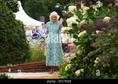 Königin Camilla auf der RHS Sandringham Flower Show, die in diesem Jahr zum ersten Mal auf dem Sandringham Estate in Norfolk stattfindet. Bilddatum: Mittwoch, 22. Juli 2026. Stockfoto