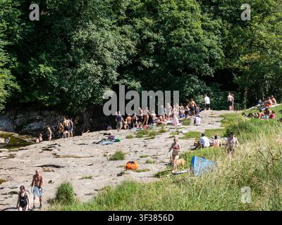 Menschenmassen an der Stainforth Force in Little Stainforth am River Ribble während einer Hitzewelle im Juli 2026 über Settle, Yorkshire Dales, UK. Stockfoto