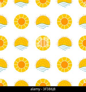 Nahtloses Muster mit gelben Sonnen-Symbolen. Minimalistische flache Vektorillustration, helles und fröhliches Design Stock Vektor