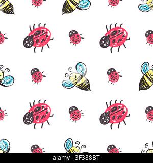 Nahtloses Muster mit niedlichen gelben Bienen auf weißem Hintergrund. Handgezeichneter Kreon-Textur-Stil Stock Vektor