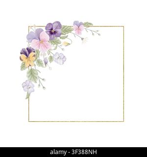 Romantischer Aquarell-Eckblumenrahmen mit Veilchen und elegantem Goldrand Stockfoto