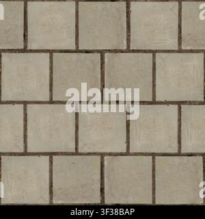 Eine nahtlose Oberflächentextur aus versetzten quadratischen grauen Betonpflasterplatten. Stockfoto