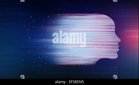 Künstliche Intelligenz. Konzeptionelle Illustration menschlichen Kopf Silhouette verblassen in binären Code Ziffern Stockfoto