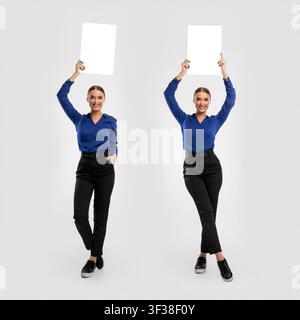 Geschäftsfrau hält leere weiße Werbetafel im Studio, Bildmontage Stockfoto