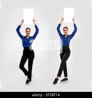 Geschäftsfrau hält leere weiße Werbetafel im Studio, Collage Stockfoto