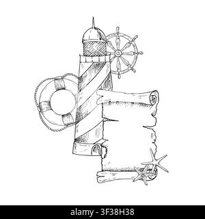 Vektorkomposition mit Leuchtturm, Schiffssteuerrad hinter altem Pergamentpapier. Handgemalte lineare nautische Illustration mit Rettungsring. Grafik Stock Vektor