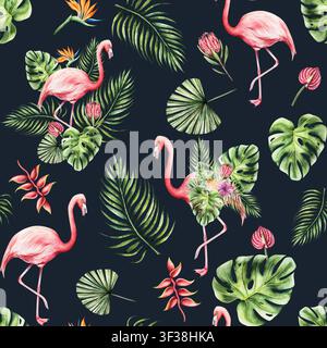 Rosa Flamingovogel, Palmenblätter, Monstera und Strelitzia, Protea, rote Anthuriumblüten. Aquarell handgezeichnet isolierte Illustration auf Stockfoto