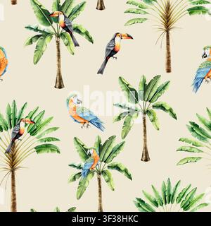 Nahtloses Muster mit tropischen Palmen, Papageien-Arara, Toco-Tukan. Aquarell handgezeichneter Reisenbaum, Vögel. Isolierter Banner, Rahmenillustration auf Stockfoto