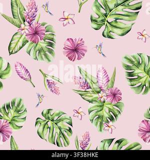 Tropisches nahtloses Muster, Kolibri, blühender Frangipani, Kurkuma, Blumen an einem Ast. Wasserfarben handgezeichnetes Monstera-Blatt Plumeria, Ingwer Stockfoto
