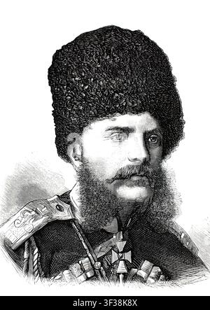 Großfürst Michael Nikolajewitsch von Russland (1832–1909), in traditioneller kaukasischer Militäruniform einschließlich Papakha (Pelzmütze), vermutlich in seiner Funktion als Oberbefehlshaber der russischen Streitkräfte im Kaukasus während des Russisch-Osmanischen Krieges (1877–1878). Illustration, Nachbildung eines Originaldrucks aus dem 19. Jahrhundert. Authentisch, Datei für optimale Nutzung restauriert, genaues Datum des Originals unbekannt. Historisch. Stockfoto