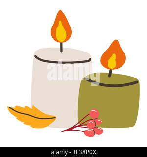 Zusammensetzung aus Kerzen und Herbstblatt und Beere. Retro-Cartoon-Vektorillustration isoliert auf Weiß. Gemütlicher Herbst. Stock Vektor