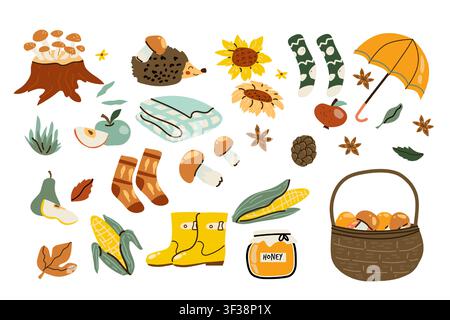 Herbst-Hygge-Elemente im Cartoon-Flachstil. Pilze, Honig und Mais, Igel und Apfel. Niedliches Herbst-Vibes-Set. Stock Vektor