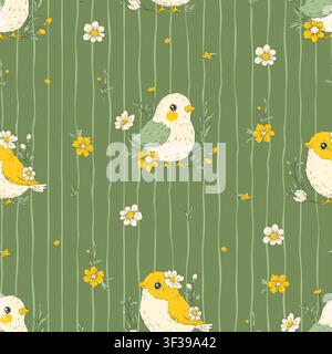 Ostervögel Nahtloses Muster Eier Blumen Streifen Skurrile Handgezeichnete Vogel Frühling Vektor Hintergrund Stock Vektor