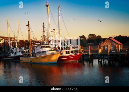 Garnelenboote beobachten den Sonnenuntergang, während sie entlang von Shem Creek in Mount Pleasant, South Carolina, vertäut sind. Stockfoto