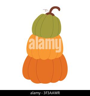 Stapel bunter Herbstkürbisse Vektorillustration. Drei gestapelte grüne und orangefarbene Kürbisse isoliert auf weißem Hintergrund. Gemütliches Herbst-Erntestapel-Element für Thanksgiving-Day-Dekor, Aufkleber. Stock Vektor