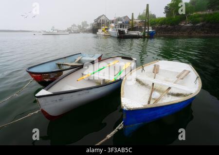 In dieser stimmungsvollen Fotografie von Bass Harbor ruhen drei Dingis still am Dock vertäut, während ein dichter Nebel die Szene umhüllt. Hummerboote treiben an einem Stockfoto