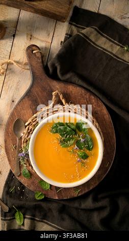 Eine lebendige Schüssel mit cremiger Orangensuppe, garniert mit frischen Spinatblättern und Sesamsamen, ruht auf einem rustikalen Holzhackbrett über einem dunklen Tuch unter Stockfoto