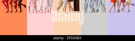 Verschiedene Gruppe von Frauen, die Beine in farbenfrohen Outfits und Schuhen zeigen Stockfoto