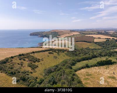 Drohnenflug über die Lansallos Woods mit Blick entlang der rauen Küste und den mosaikartigen Feldern der kornischen Landschaft. Stockfoto